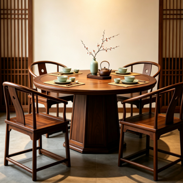Round Walnut Dining Table Set