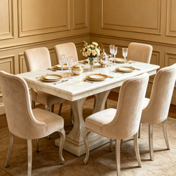 Cream Marble Rectangular Dining Set