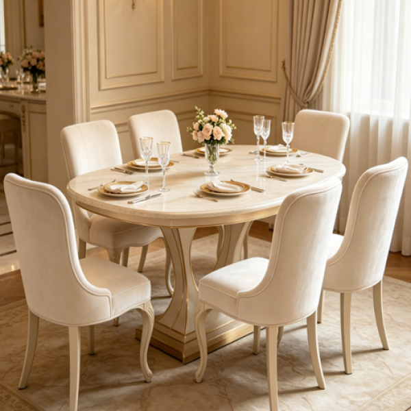 Round Marble Dining Table with Velvet Chairs